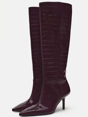 Zara Mock-Croc Knee-High Pointed-Toe Boots in Wine